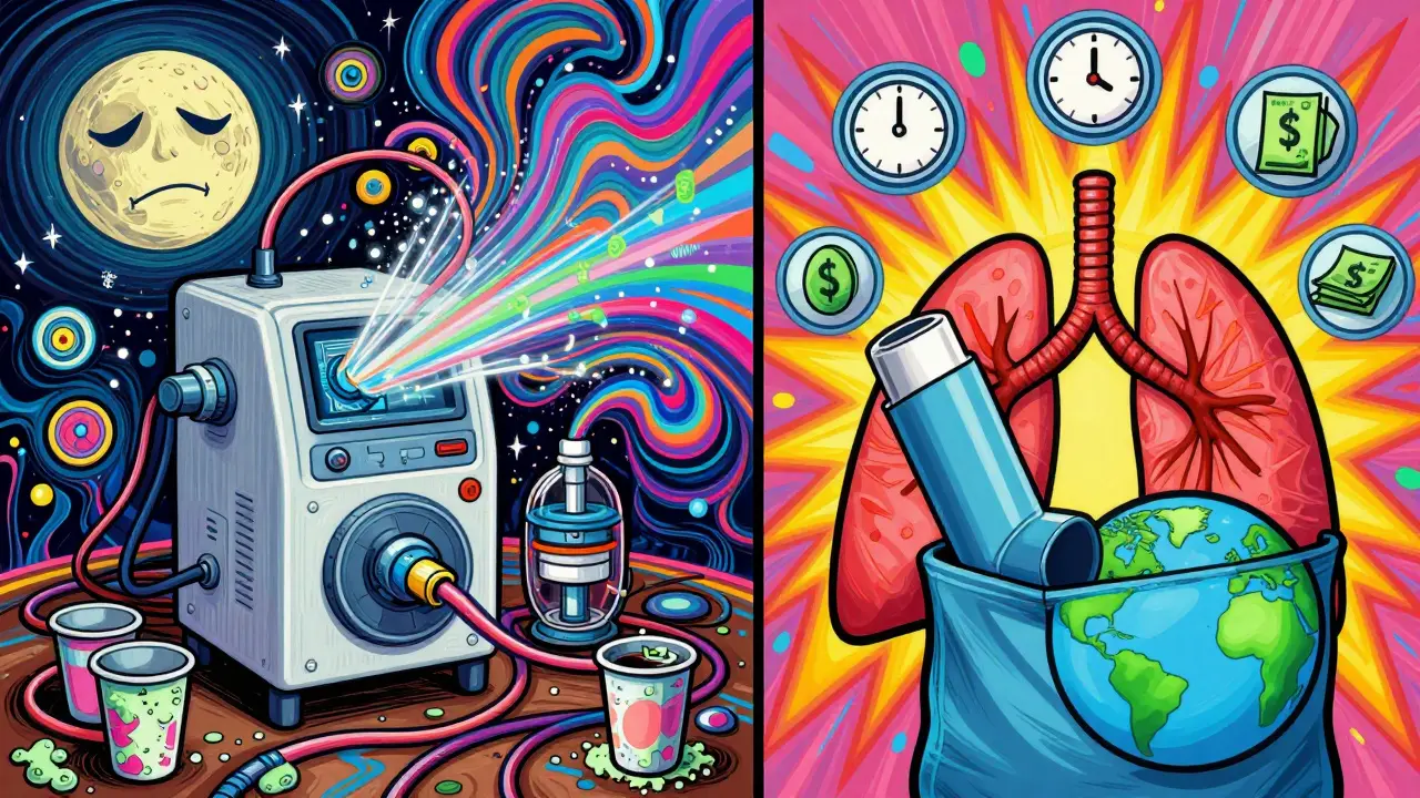 A split illustration comparing messy nebulizer to clean inhaler with environmental benefits.