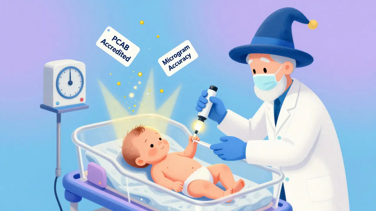 A tiny infant receiving a precise micro-dose injection in the NICU, with a sparkling gravimetric scale and accreditation labels.