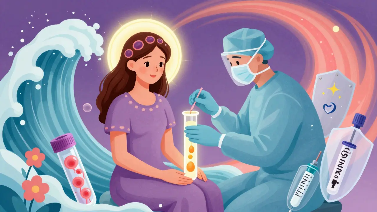 A woman receiving egg extraction with embryos and injections floating nearby, while chemotherapy recedes as protective flowers bloom.