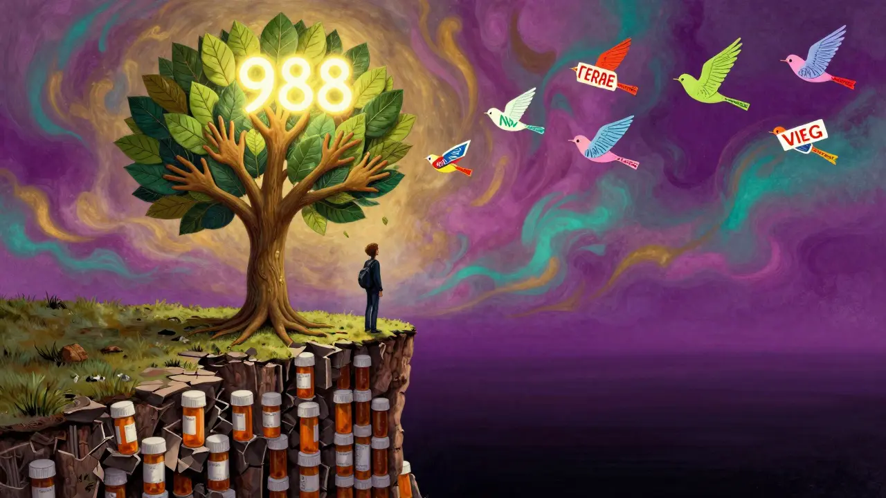 A young person at a cliff of pill bottles, embraced by a tree of hands and a glowing 988 star.