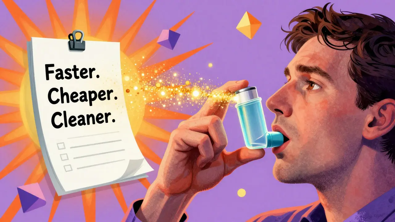 An adult using an inhaler with a glowing spacer as medicine flows into lungs like stardust.