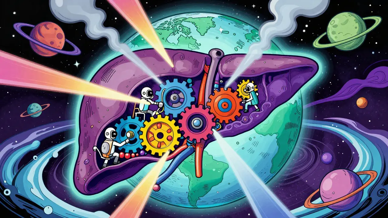 Cartoon liver with tiny workers and colorful light beams in pop art style.