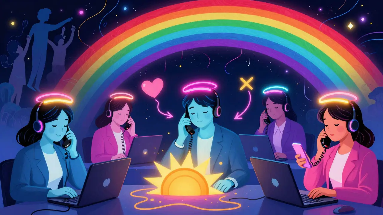 Colorful crisis counselors in a rainbow-lit call center, connecting with people in need.
