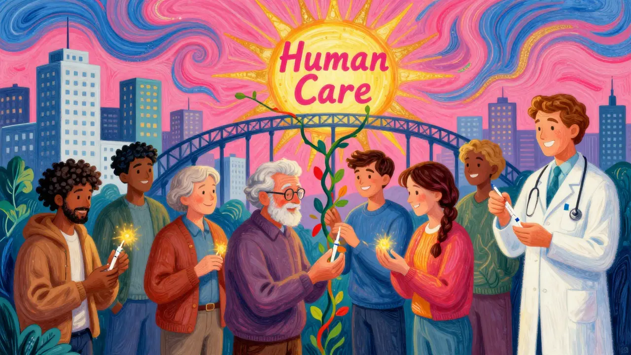 Diverse individuals receiving monthly injections from a pharmacist, as a city transforms with supportive vines and a glowing sun of human care.