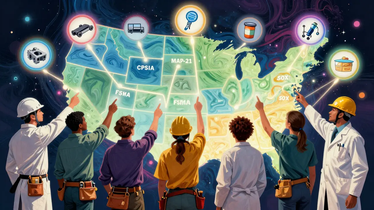 Diverse workers point to glowing legal pathways labeled CPSIA, FSMA, MAP-21, and SOX, with rainbow halos around them.