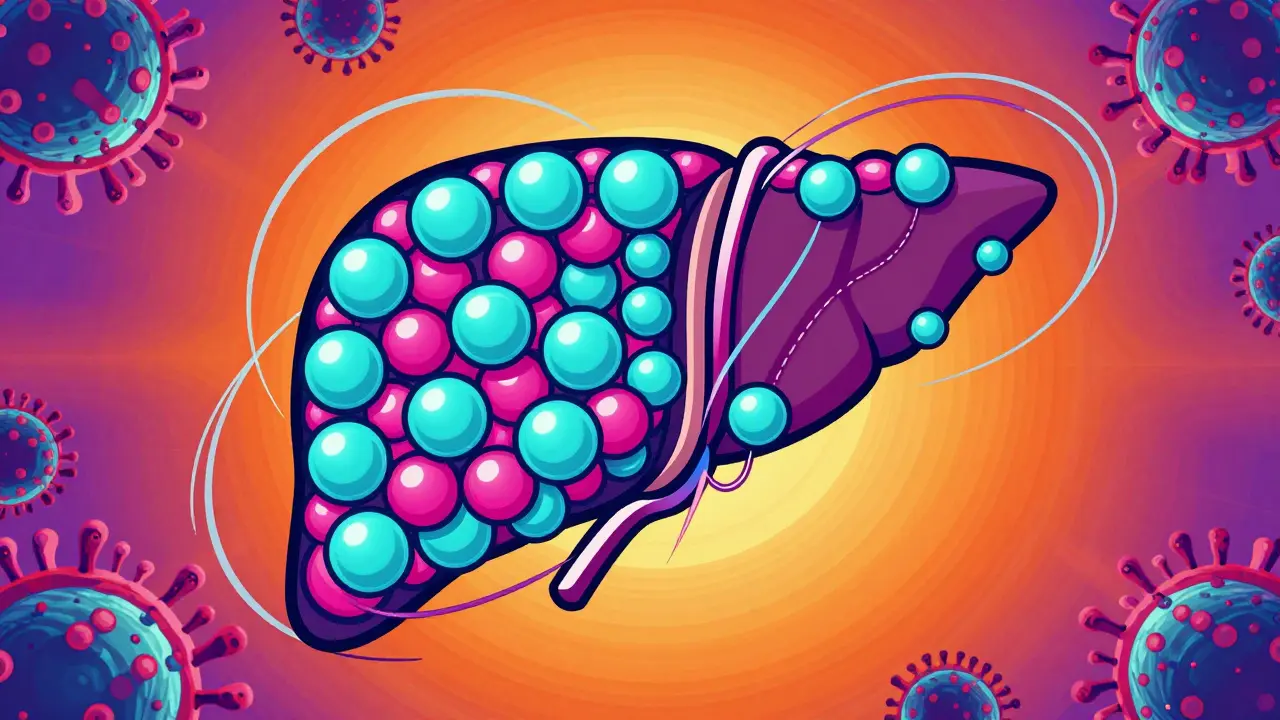 Glowing medication pills protecting a stylized liver organ