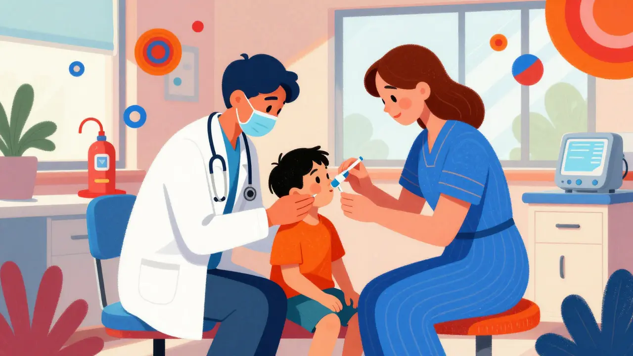 Medical staff giving medicine to calm young patient