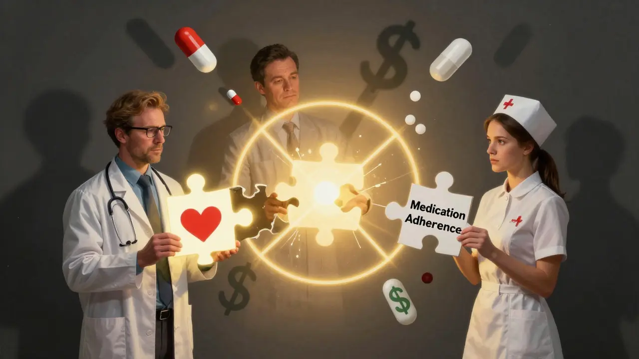 Three healthcare workers holding puzzle pieces of medication adherence, with the pharmacist's piece glowing as light connects them all.