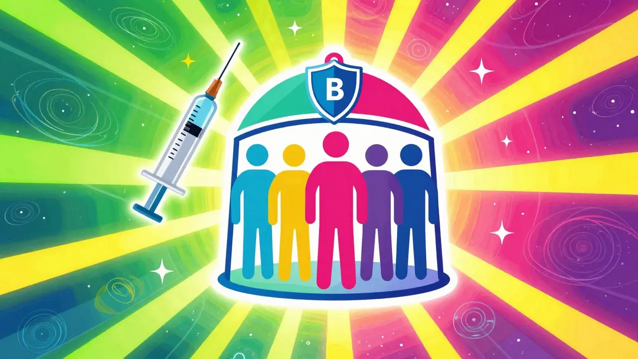 Vaccine shield radiating colorful light over abstract figures
