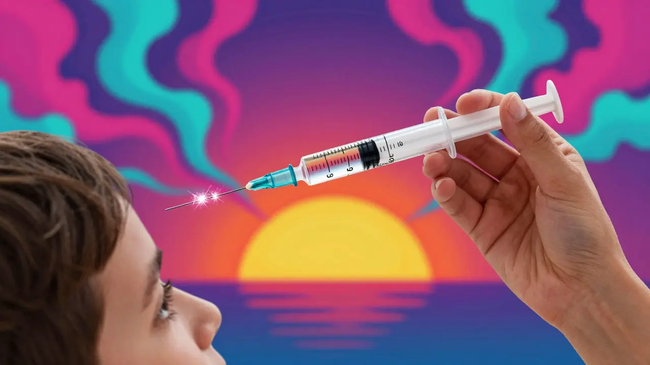 A close-up of a liquid medicine syringe measured at eye level against a cosmic sunrise.