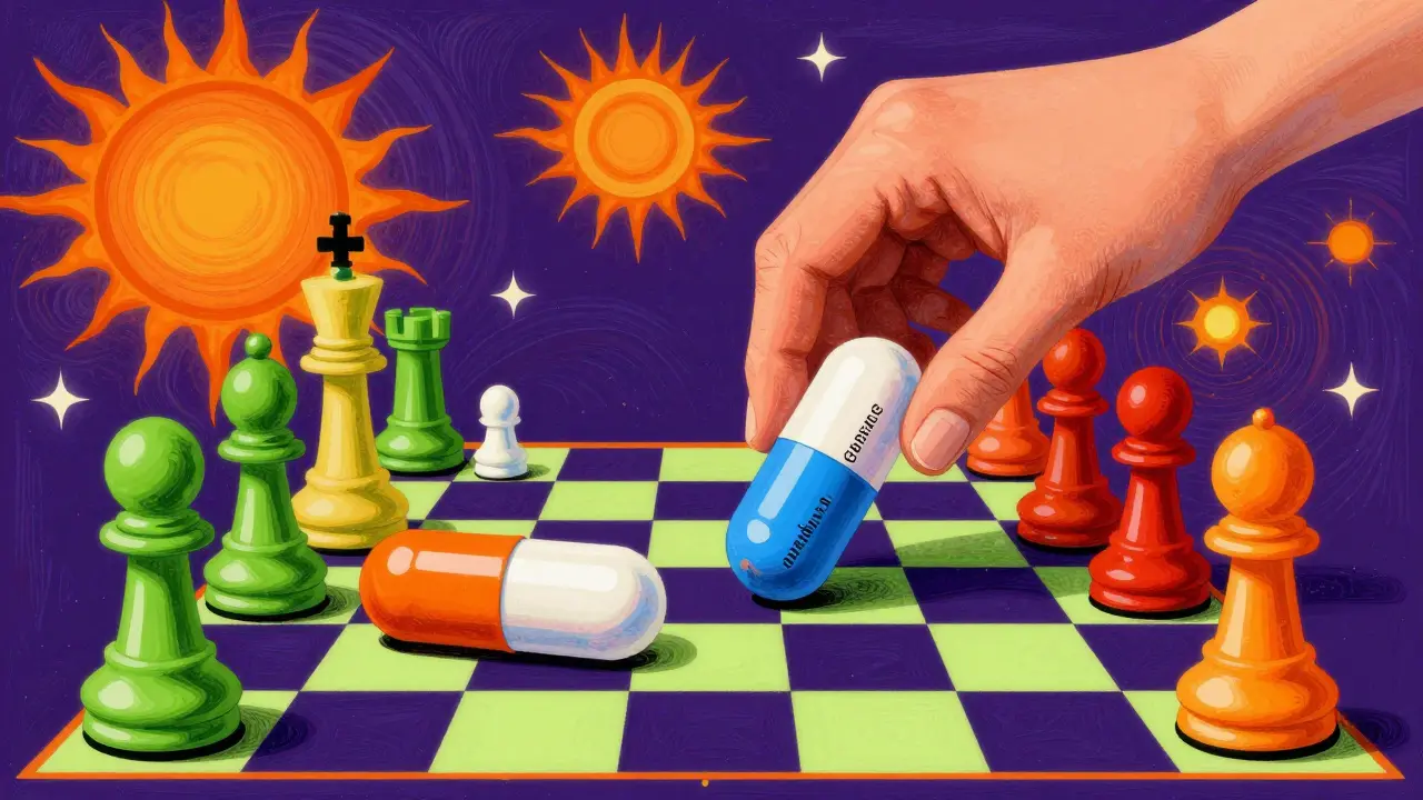 A colorful chessboard with oversized pills as pieces in a cosmic setting.