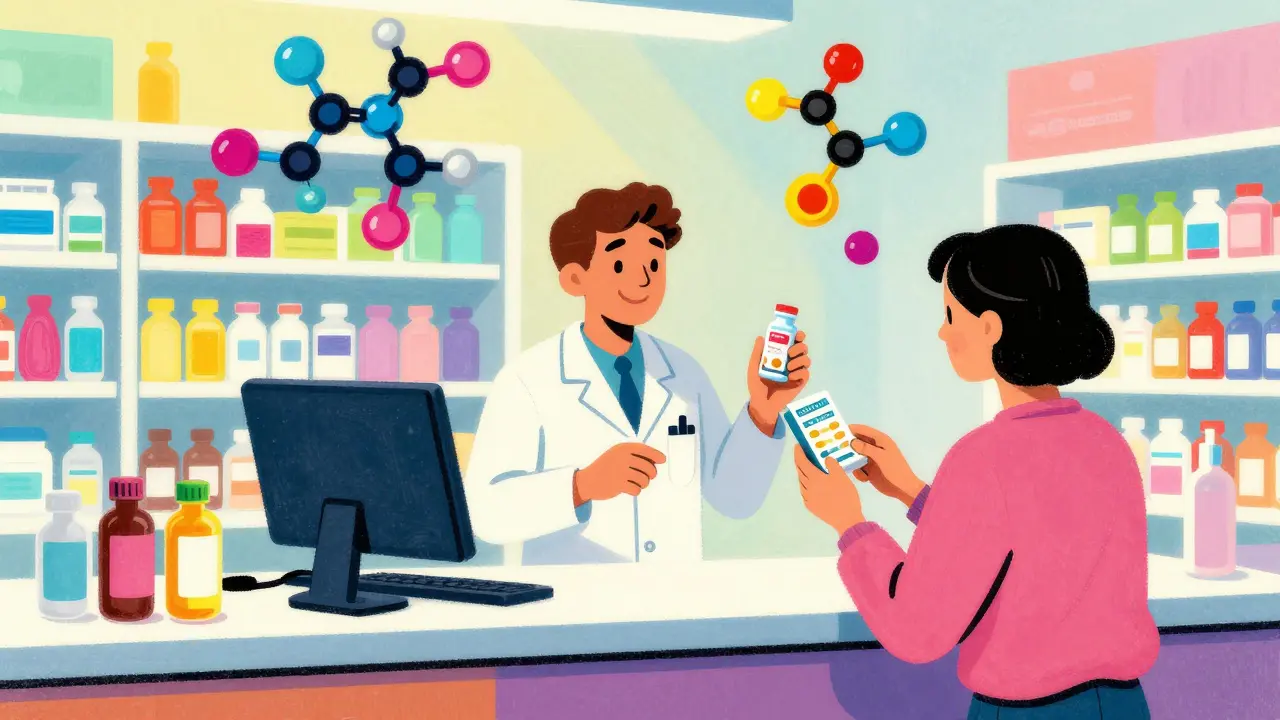 A patient and pharmacist surrounded by neon floating molecules in a vibrant pharmacy.
