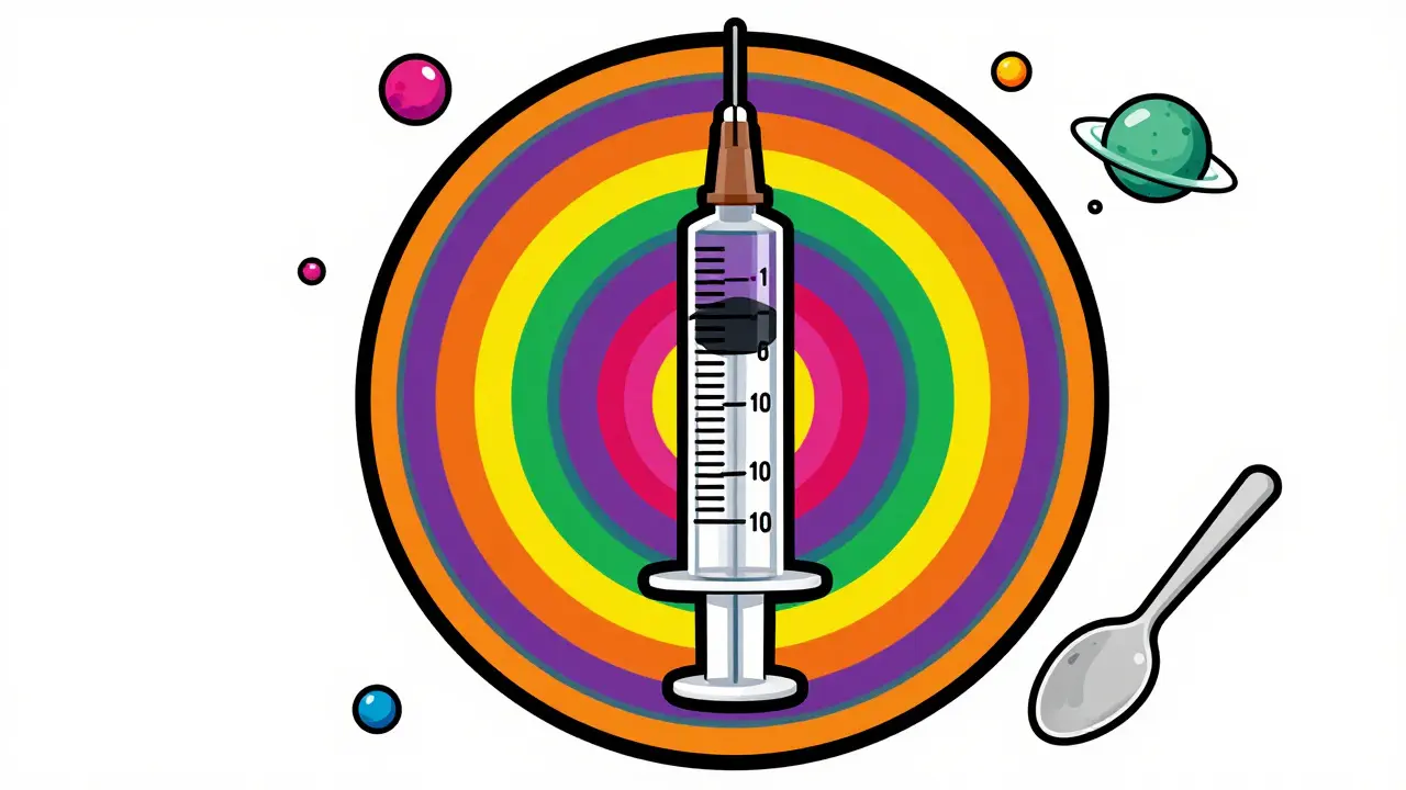 A precise oral syringe surrounded by vibrant colorful circles and whimsical droplets.