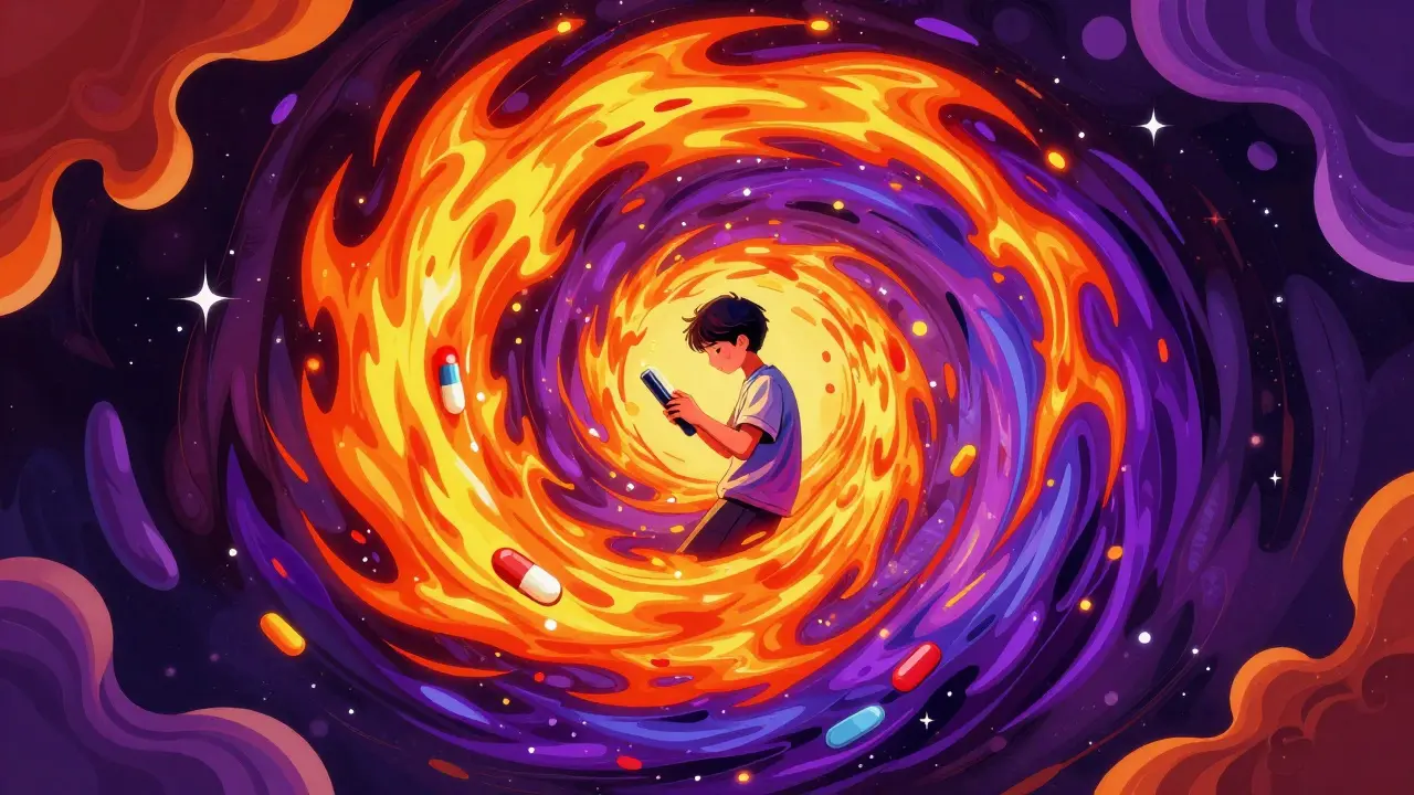 Abstract art showing a student in a colorful vortex of stimulants and sedatives