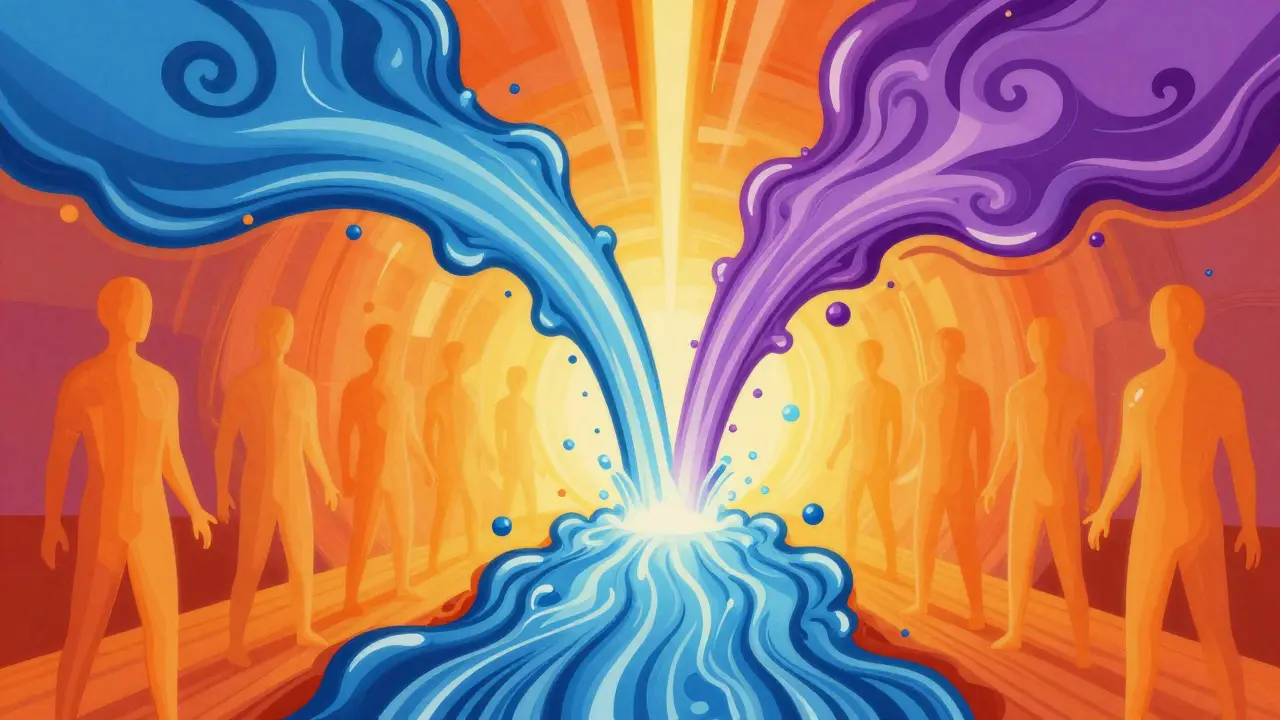 Abstract fluid streams merging to symbolize matched drug absorption levels