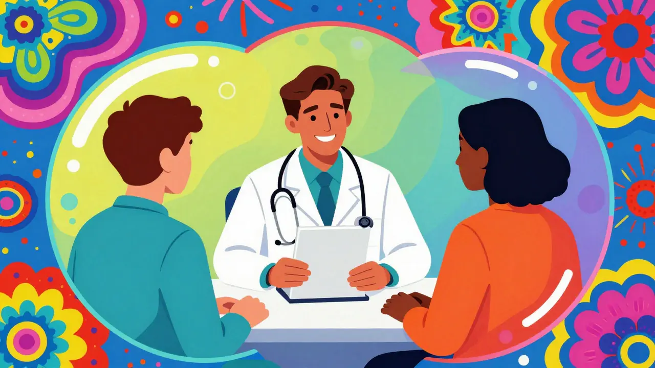 Bright, psychedelic illustration of a doctor and patient during a telehealth visit