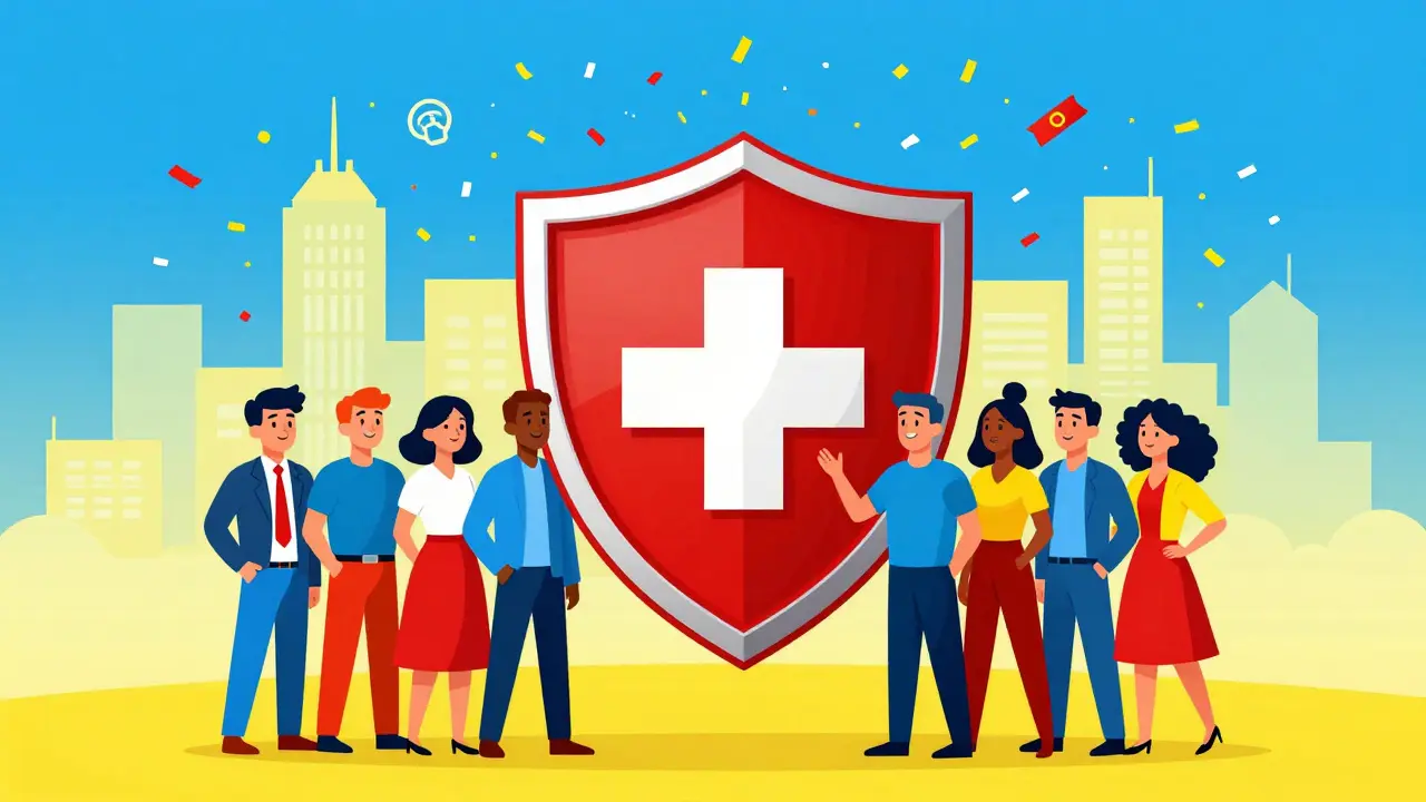 Diverse happy patients standing under a protective medical shield symbol