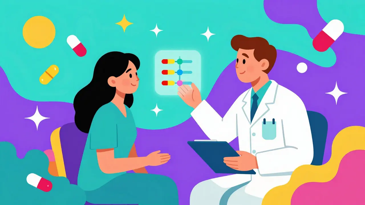 Stylized illustration of a caregiver and pharmacist consulting amidst colorful cosmic shapes.