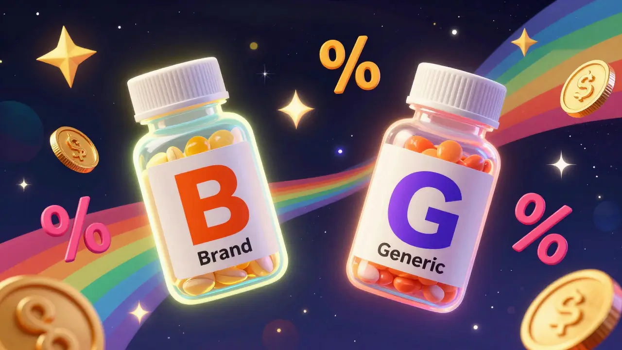 Surreal artwork showing two medicine bottles and coins representing generic and brand options