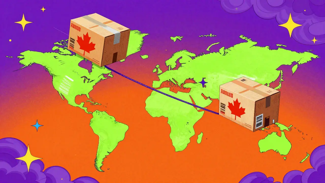 Vibrant artistic depiction of a medication package being shipped internationally