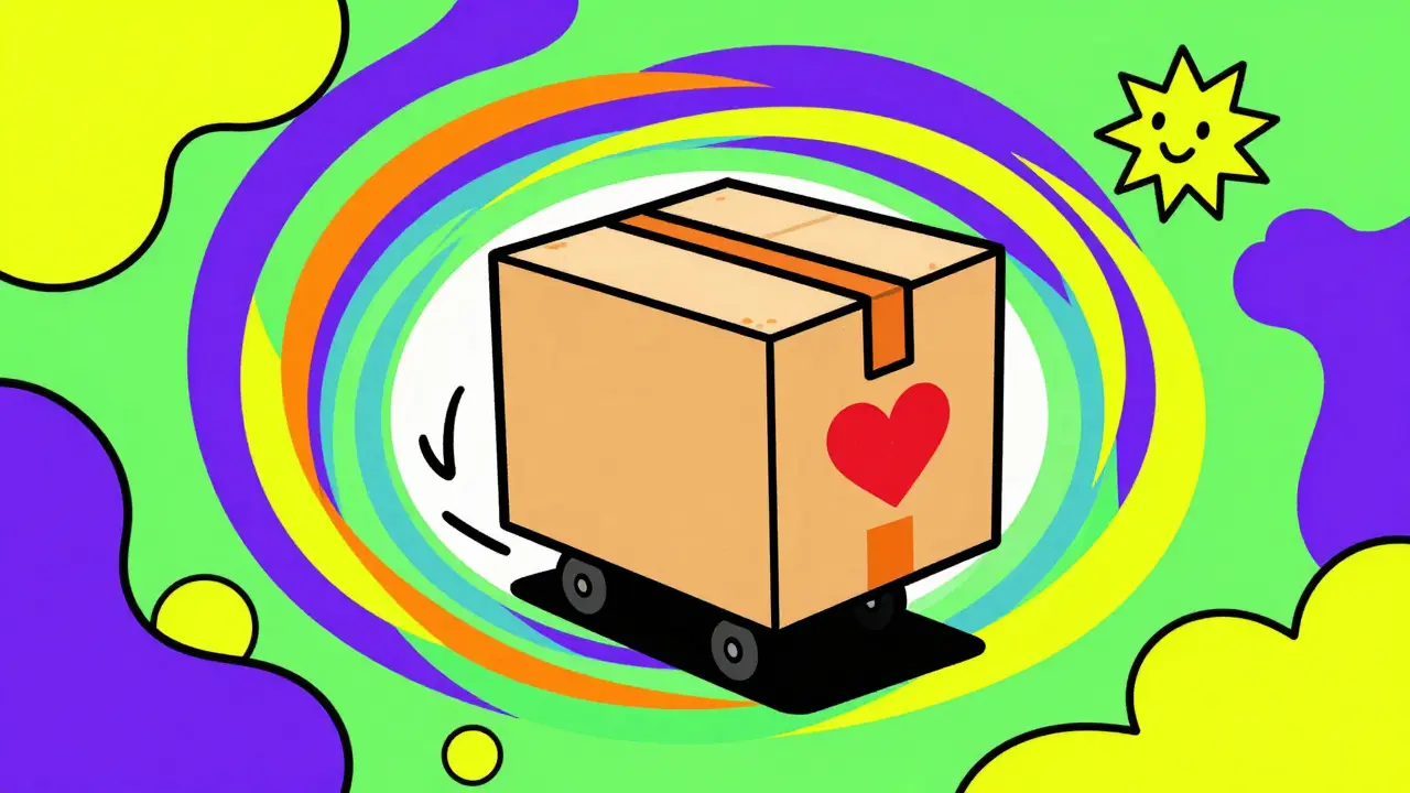 Vibrant illustration of a medication package traveling through a colorful cosmic tunnel