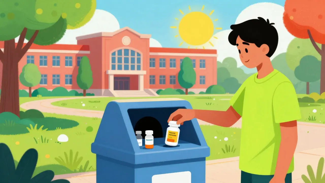 Vibrant illustration of a student using a medication disposal kiosk on campus