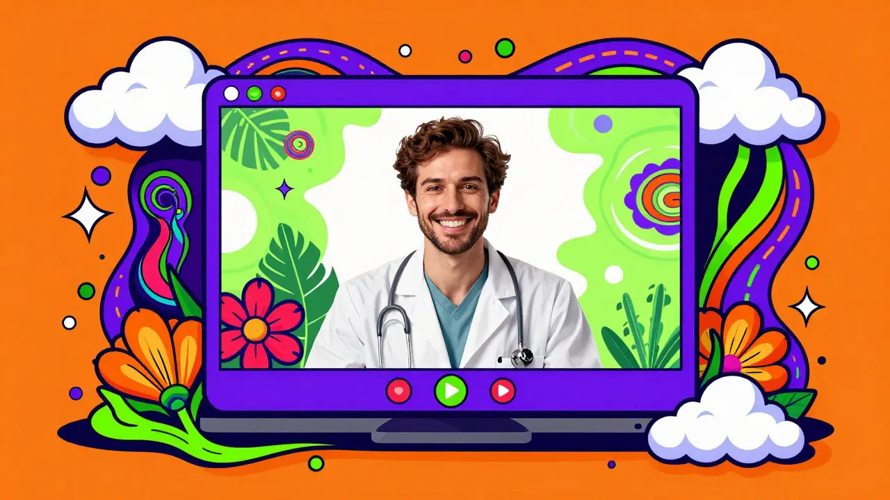 Vibrant pop-art illustration of a psychiatrist during a telehealth video call.