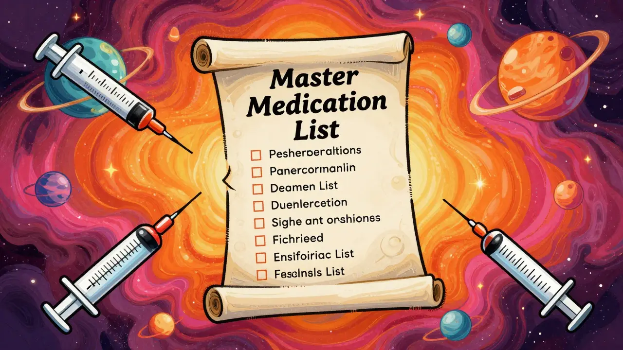 Vibrant psychedelic art showing a floating medical list with colorful measuring tools in a cosmic void.